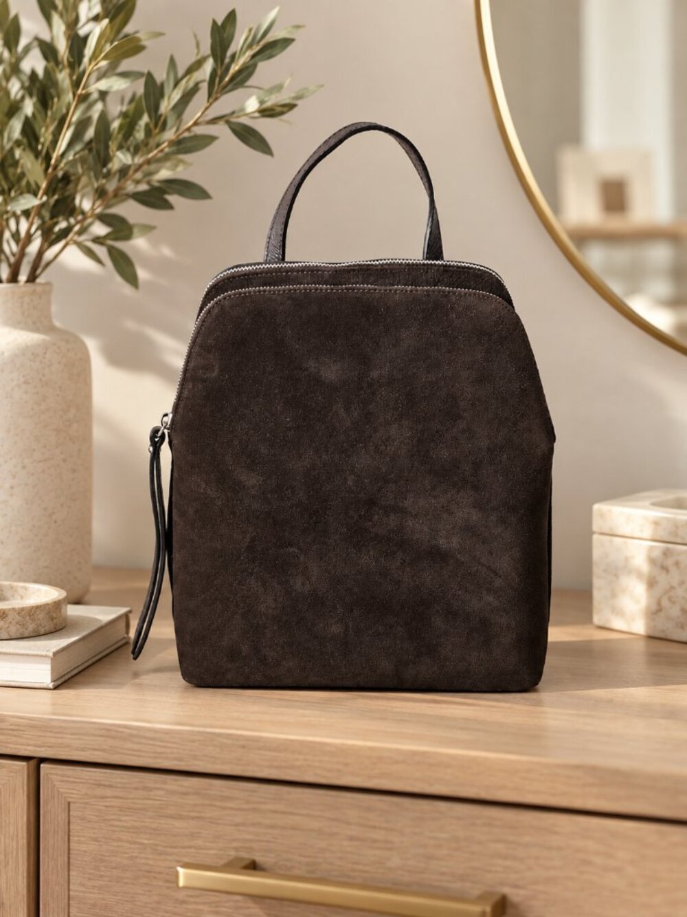 Dark Chocolate Suede Leather Backpack, Italian Leather Backpack
